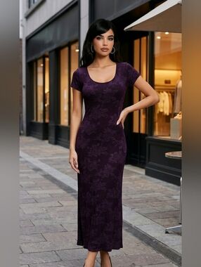 Gen X Vintage Bodycon Floral Purple Midi Dress Cap Sleeve SZ M